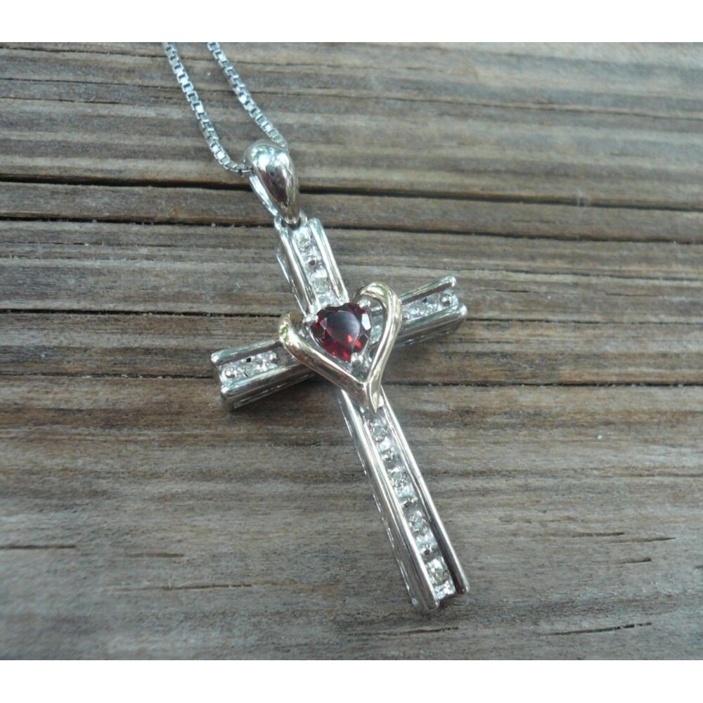 Sterling Silver 14k Yellow Gold Love Cross Heart Created Ruby Pendant on Chain